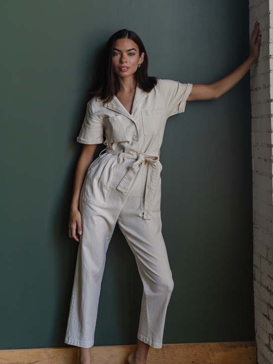 Skies Are Blue Pants - Skies Are Blue Cream Utility Belted Jumpsuit